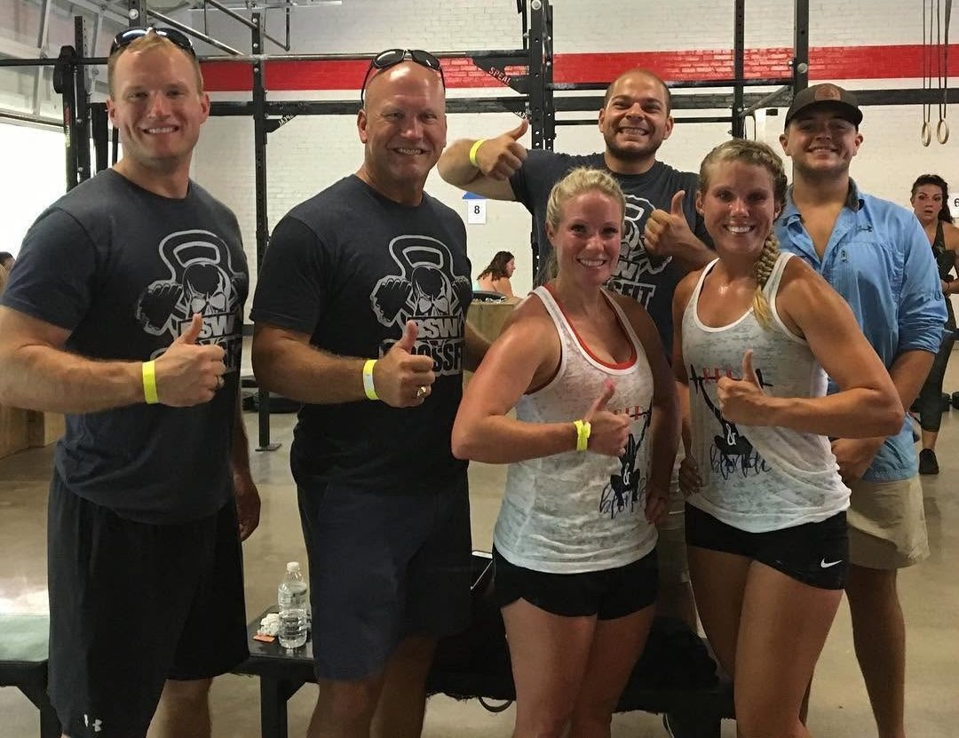A group of masters athletes celebrating after an event